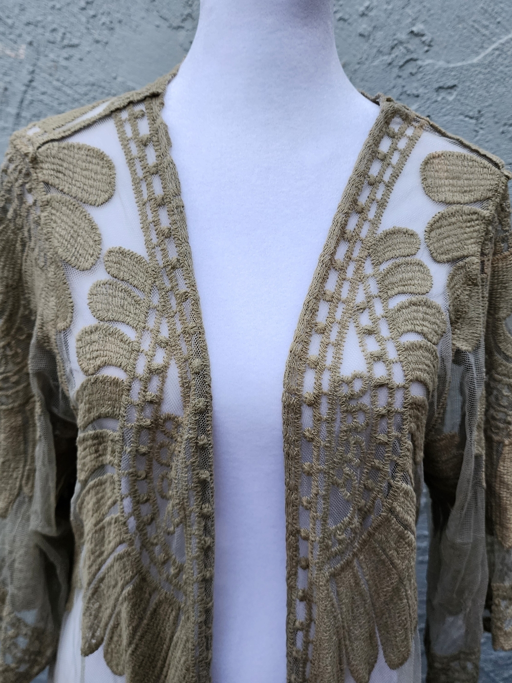 Rebellion Again Olive Green Lace Mesh Duster Kimono Cardigan Boho L - Picture 2 of 10